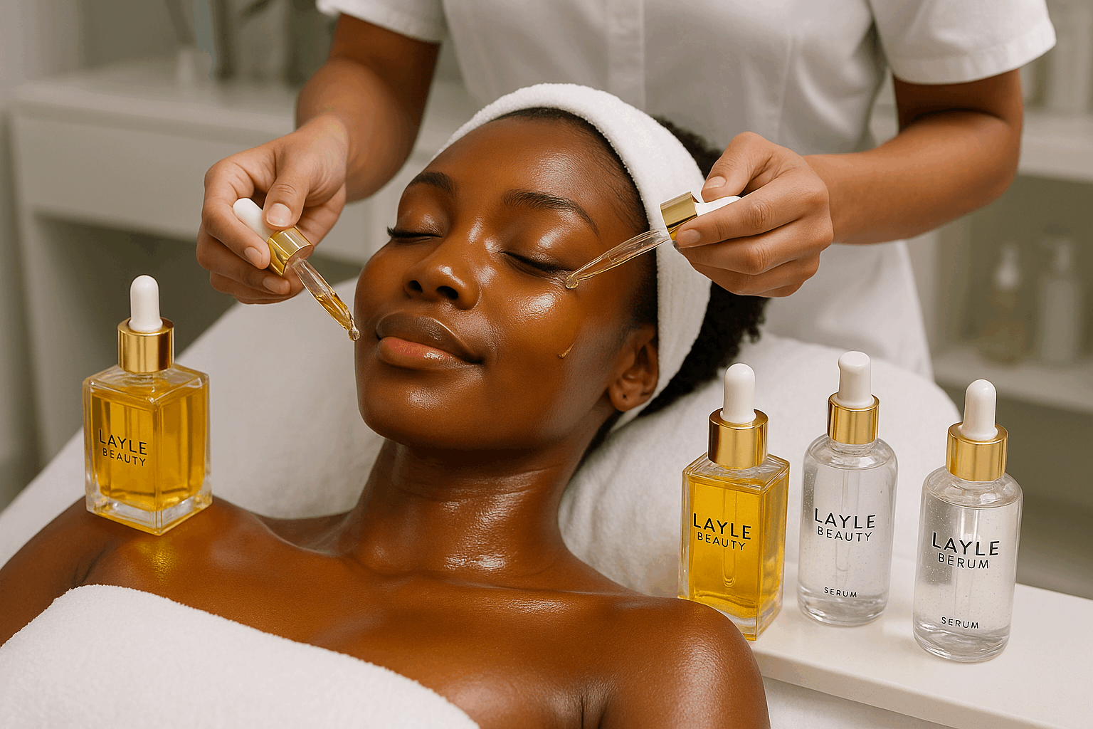 a black girl getting facial treatment with oils and serums and showing the oils and the serum  LAYLE BEAUTY 