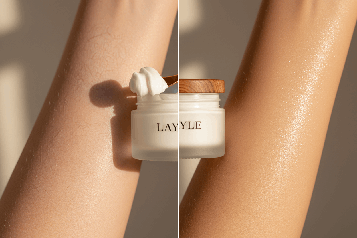 image of the effect of LAYLE signature body butter with the following Transform dry, rough, and stressed skin with LAYLE Ultra-Repair Body Butter, a deeply nourishing formula designed to restore moisture, improve elasticity, brighten uneven tone, and strengthen the skin barrier. This rich, velvety body butter melts into the skin—leaving it soft, glowing, and moisturized for hours.

Powered by dermatology-grade hydrators like Urea, advanced botanicals like Prickly Pear Fruit Oil, and super-hydrators like Hya